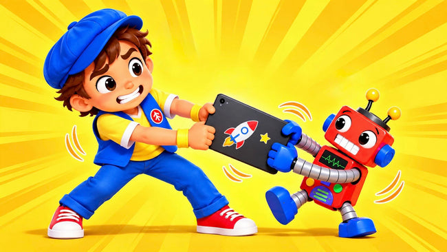 Good News Tommy and Zor8 playfully tug on a tablet against a bright yellow sunburst background, with colorful motion lines emphasizing their struggle over screen time.