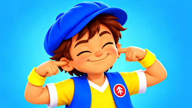 Good News Tommy closes his eyes and plugs his ears with his index fingers, playfully pretending not to listen against a bright blue background.