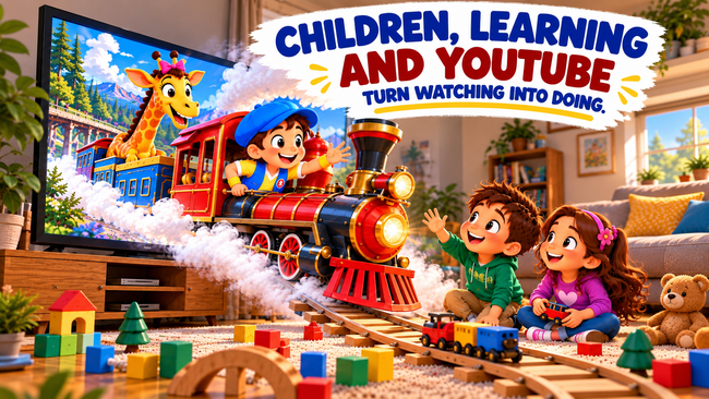 Good News Tommy rides a colorful train out of a television as children turn screen time into hands-on play with toy trains and building blocks, illustrating active learning from YouTube.