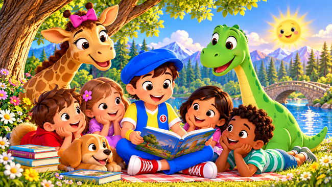 Good News Tommy reads a colorful picture book beneath a big tree by the lake as four children gather around to listen, joined by a Giggles The Giraffe, Dino Dinosaur and a playful puppy in a warm Storybooksong outdoor scene.