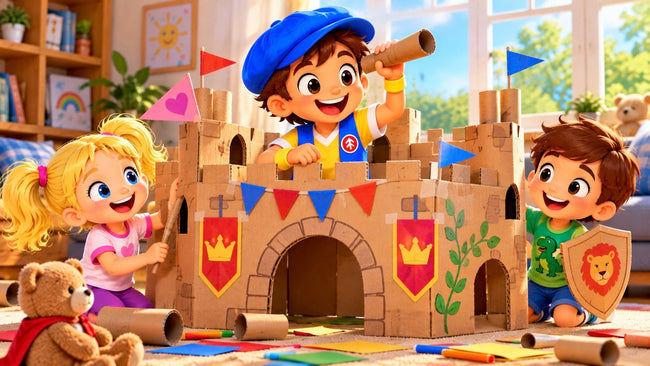 Good News Tommy and two smiling children play together in a colorful cardboard castle decorated with flags, banners, and handmade crafts, celebrating creativity and imaginative play.