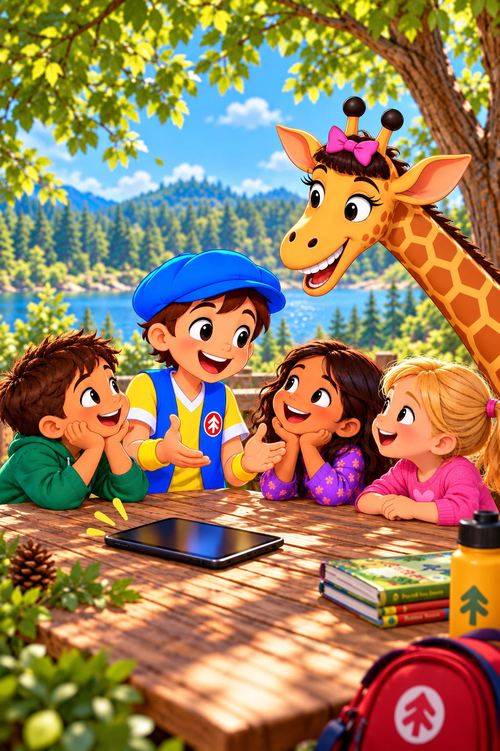 Good News Tommy, three children, and a giraffe enjoying time together at a picnic table.