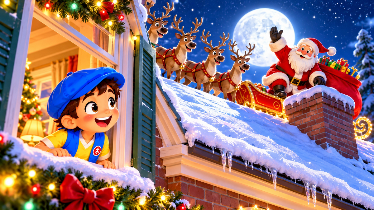 Good News Tommy looks out a window at Santa Claus, his sleigh and reindeer on a snowy rooftop under a bright Christmas moon.