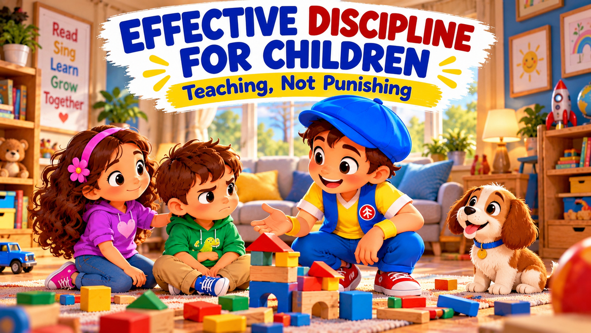 Good News Tommy calmly talks with an upset child while a friend offers support, illustrating positive discipline and teaching rather than punishment.