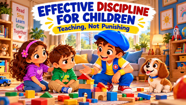 Good News Tommy calmly talks with an upset child while a friend offers support, illustrating positive discipline and teaching rather than punishment.