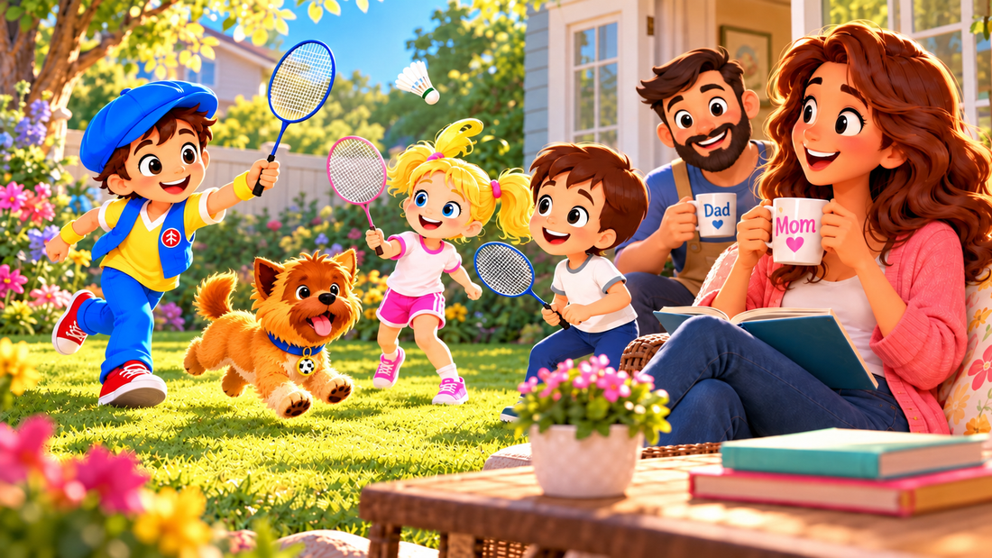 Good News Tommy plays badminton with two children and their dog in a sunny backyard while Mom and Dad relax nearby with coffee mugs, enjoying a peaceful family moment.