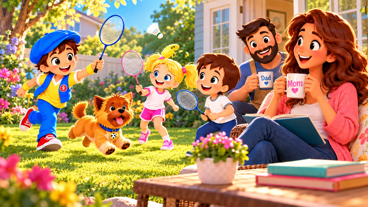 Good News Tommy plays badminton with two children and their dog in a sunny backyard while Mom and Dad relax nearby with coffee mugs, enjoying a peaceful family moment.