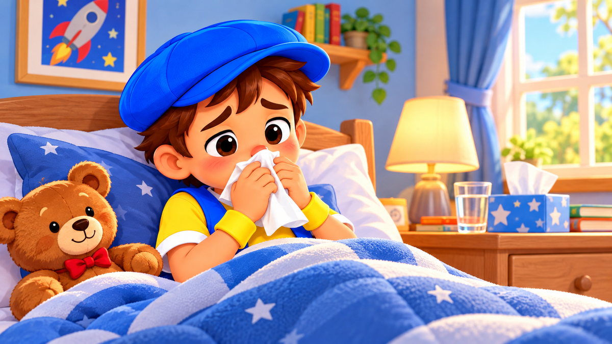 Good News Tommy is resting in bed and blowing his nose while recovering from a cough or cold.