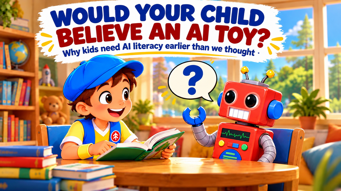 Good News Tommy checks a book while talking with a friendly AI robot, illustrating why children need AI literacy and should learn to question AI-generated answers.