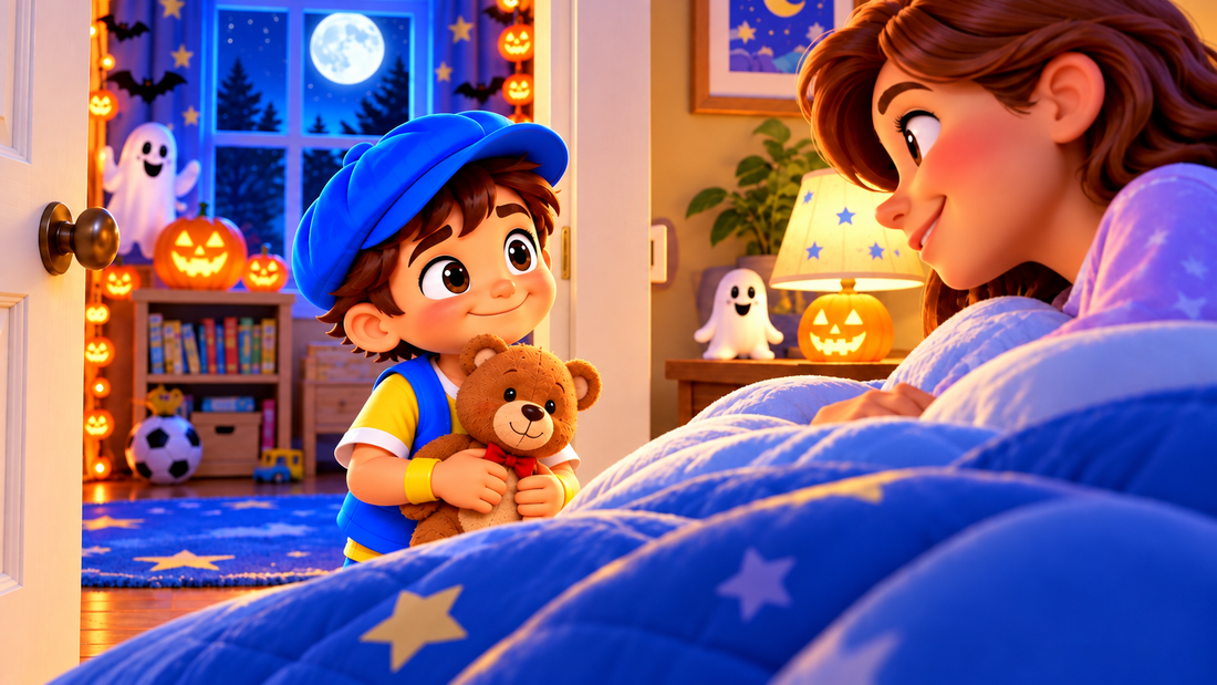Good News Tommy hugs his teddy bear beside his mother’s bed on a Halloween night, surrounded by glowing pumpkins, friendly ghosts, and moonlight as he seeks bedtime reassurance.