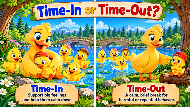 Mother Duck comforts an upset duckling during time-in, while another duckling takes a brief time-out nearby in a colorful 3D illustration.