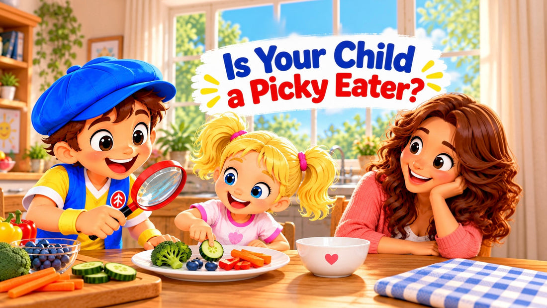 Good News Tommy helps a child calmly explore colorful new foods with mother watching on.