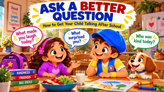Good News Tommy listens as a young girl talks about her school day at the kitchen table, with conversation prompts encouraging parents to ask better after-school questions.