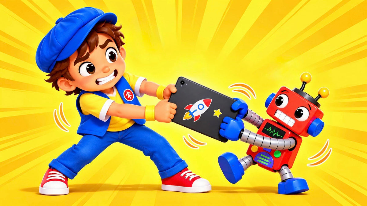 Good News Tommy and Zor8 playfully tug on a tablet against a bright yellow sunburst background, with colorful motion lines emphasizing their struggle over screen time.
