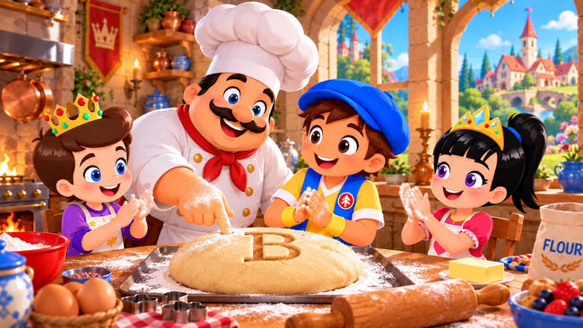 Good News Tommy, a young prince and princess clap along with a cheerful baker as they make dough marked with a “B” in a colorful castle kitchen.