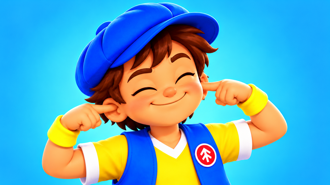 Good News Tommy closes his eyes and plugs his ears with his index fingers, playfully pretending not to listen against a bright blue background.