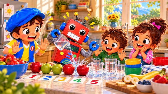 Good News Tommy reacts with comical concern as robot Zor8 accidentally spills water during a kitchen math activity, while two laughing children practice counting apples and measuring liquids.