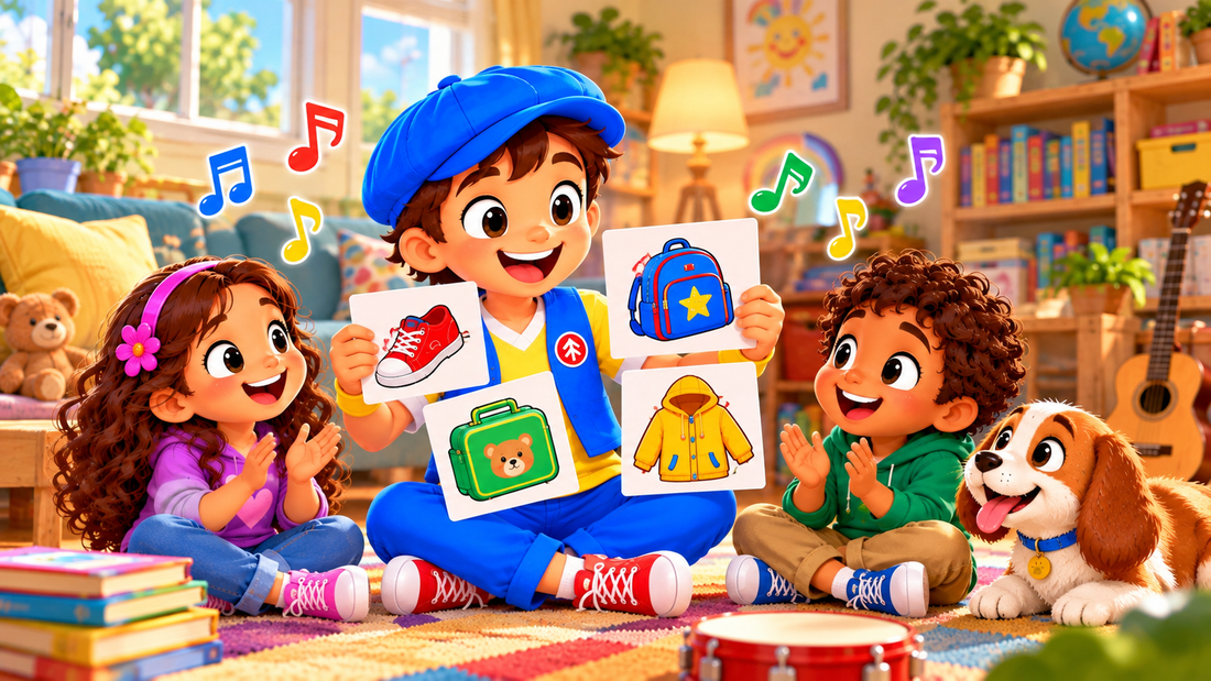 Good News Tommy leads a fun musical memory game with two young children, using colorful picture cards of a sneaker, backpack, lunchbox, and jacket while the children clap along in a cozy, sunlit family room.