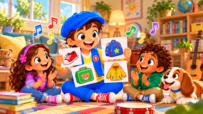 Good News Tommy leads a fun musical memory game with two young children, using colorful picture cards of a sneaker, backpack, lunchbox, and jacket while the children clap along in a cozy, sunlit family room.