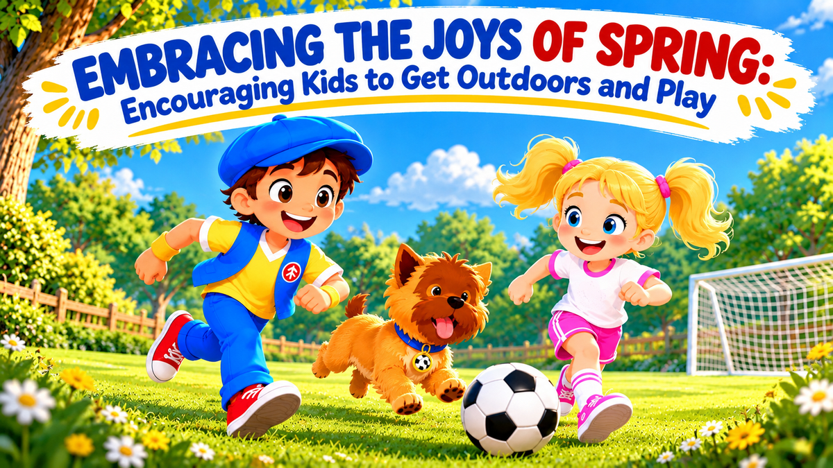 Good News Tommy, Footballer Dog and Mary, a smiling girl, play soccer together in a sunny spring park beneath the headline “Embracing the Joys of Spring: Encouraging Kids to Get Outdoors and Play.”
