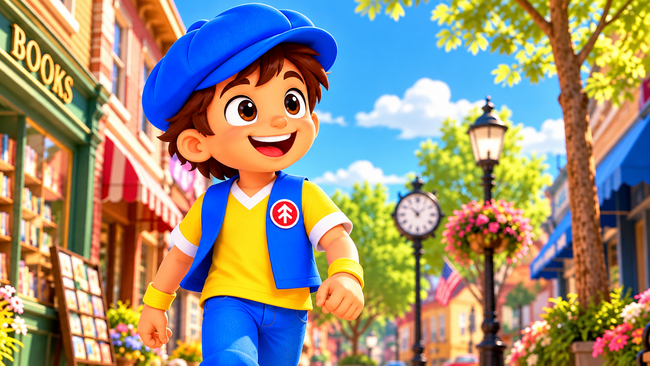 Good News Tommy walks confidently down a sunny Main Street, smiling brightly as he passes colorful shops, flowers, and trees in a cheerful 3D storybook illustration.