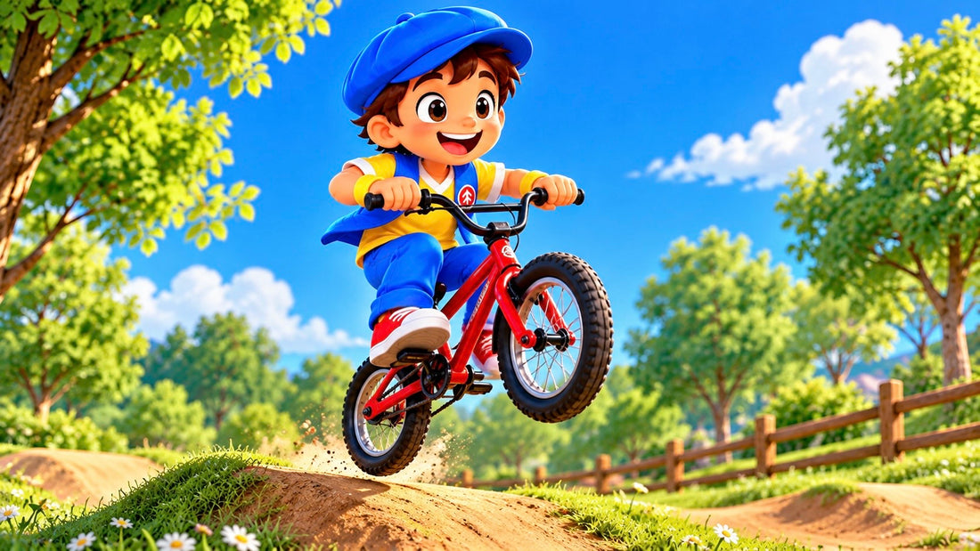 Good News Tommy smiles proudly as he jumps a small dirt hill on his red bicycle in a sunny park, celebrating the joy of learning a new skill.
