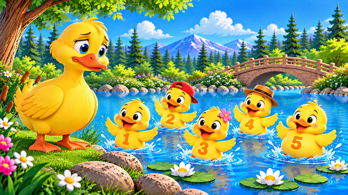 Sad mother duck stands beside a peaceful pond while her five happy ducklings splash and play in the water, in a colorful Storybooksong illustration.