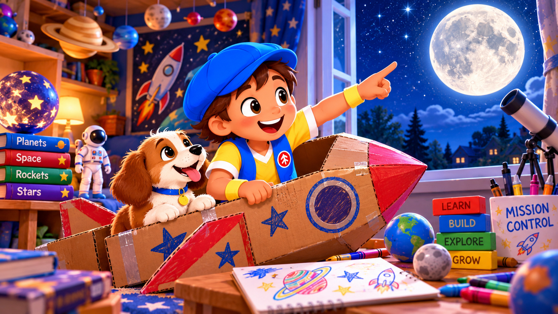 Good News Tommy and a playful puppy explore space from a homemade cardboard rocket, surrounded by books, planets and STEM activities as they point toward the Moon.