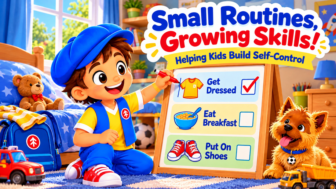 Good News Tommy checks off his morning routine chart in his colorful bedroom, with his fluffy golden dog beside him, illustrating how everyday routines help children build self-control.