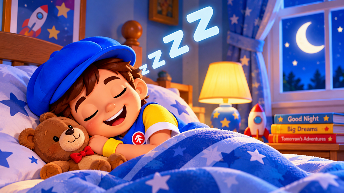 Good News Tommy sleeps soundly in his cozy bedroom, cuddling a teddy bear beneath a blue star-patterned blanket as glowing Z’s float above him, with warm lamplight and a moonlit window.