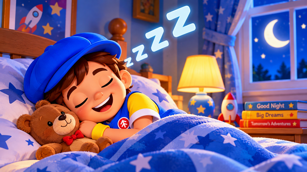Good News Tommy sleeps soundly in his cozy bedroom, cuddling a teddy bear beneath a blue star-patterned blanket as glowing Z’s float above him, with warm lamplight and a moonlit window.