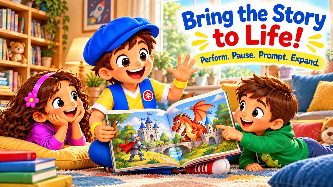 Good News Tommy reads a picture book expressively to two children who listen, point to the illustrations, and join the storytime conversation.