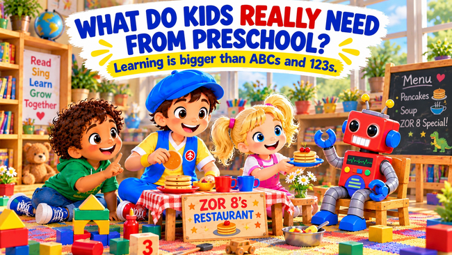 Good News Tommy and two preschoolers learn through imaginative play, counting pancakes and running a pretend restaurant for Zor 8 the robot in a colorful preschool classroom.
