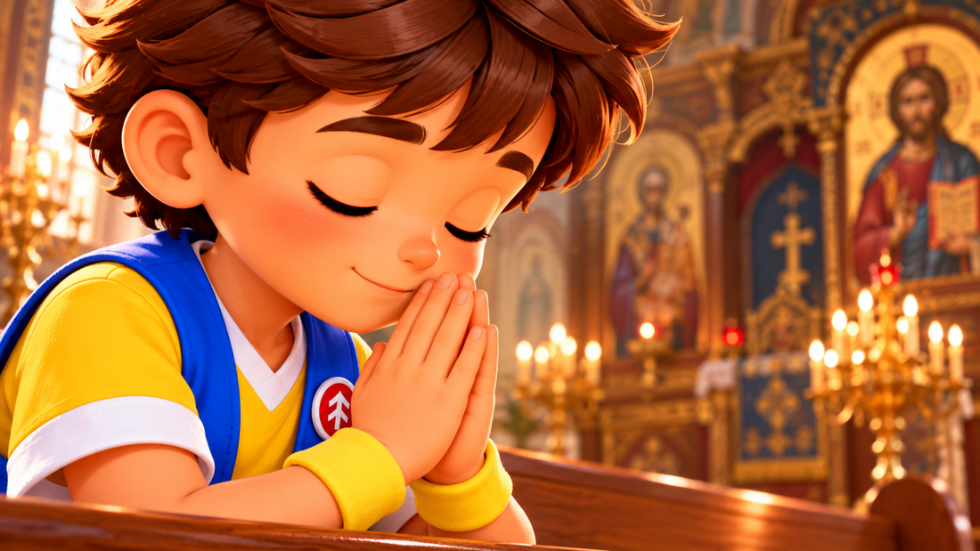 Good News Tommy prays with his hands together inside a church, surrounded by softly glowing candles, golden religious icons, and warm light.