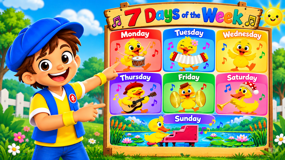 Good News Tommy points to a colorful 7 Days of the Week chart featuring seven Storybooksong ducks playing musical instruments from Monday through Sunday.