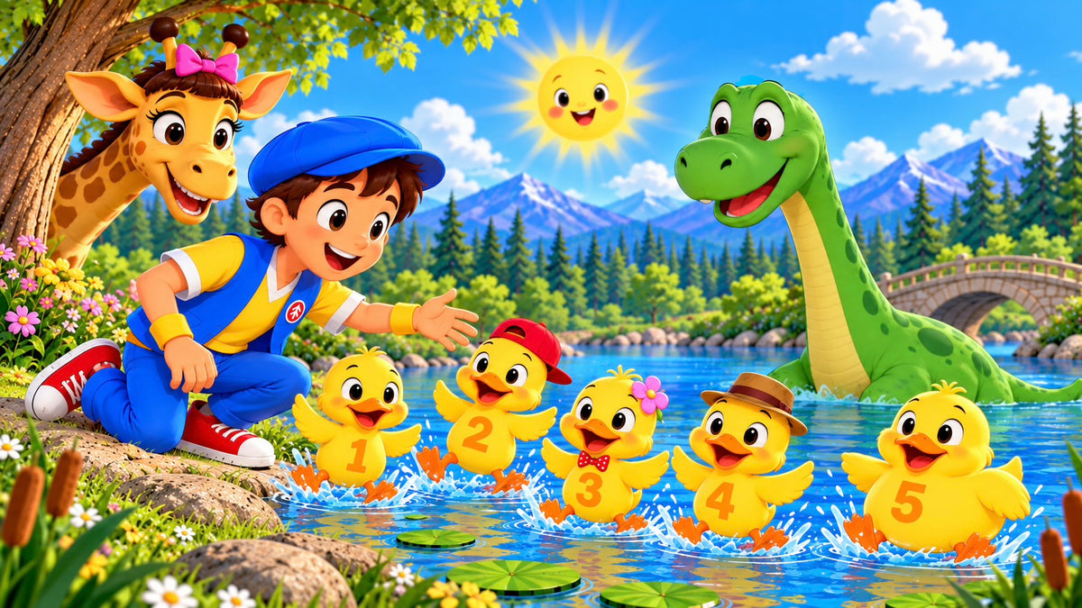 Good News Tommy happily plays with Giggles the Giraffe, Dino Dinosaur, and the Five Little Ducks, numbered 1–5, splashing through a sunny mountain lake.