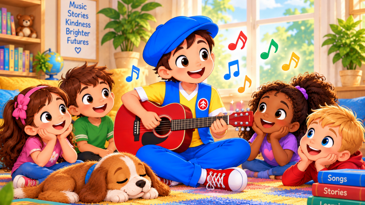 A colorful children's room scene with five children sitting on a rug and playing with a small dog. A child in the center wears a blue cap and blue overalls while playing a red acoustic guitar, with musical notes floating around them.