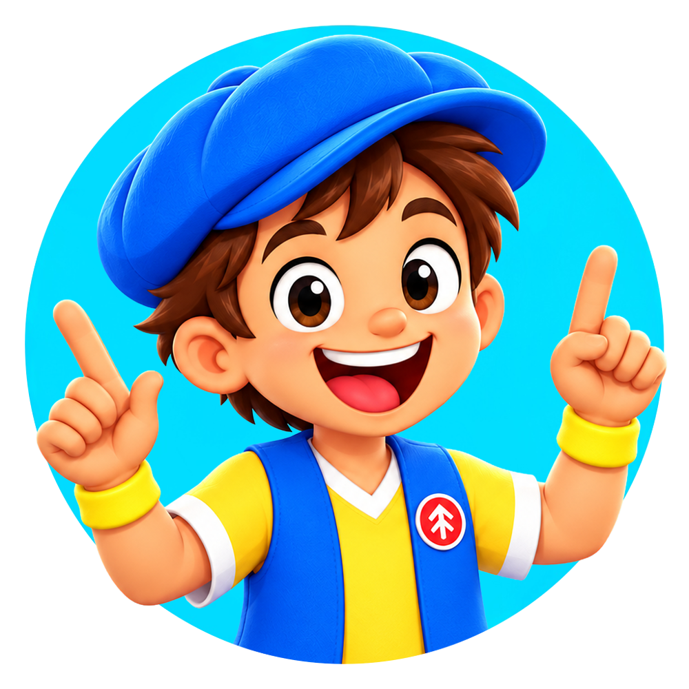 Good News Tommy with a blue cap and yellow shirt on a blue circle background pointing to the sky.