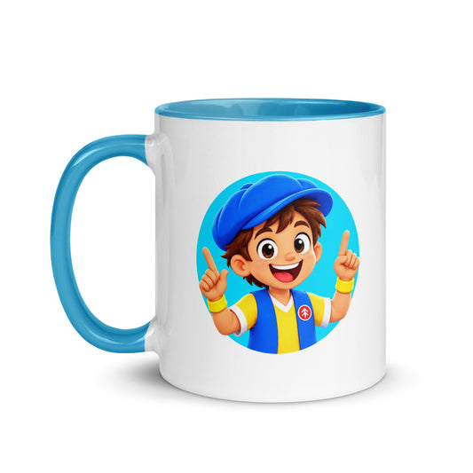 White Good News Tommy mug with blue accents, showing Tommy smiling with both index fingers raised.