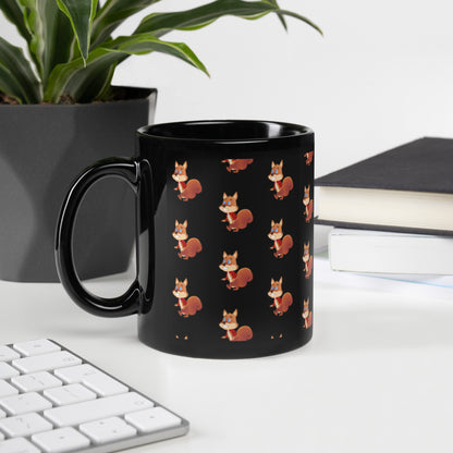 11-ounce black Polly Wolly Doodle mug with a repeating squirrel design and handle on the left.