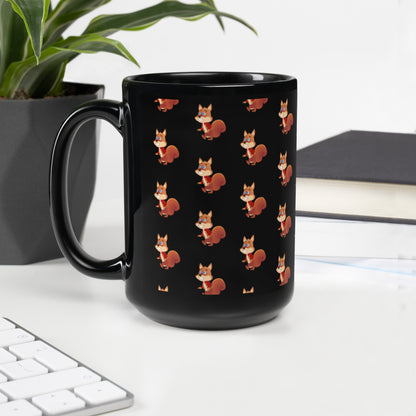 15-ounce black Polly Wolly Doodle mug with a repeating squirrel design and handle on the left.