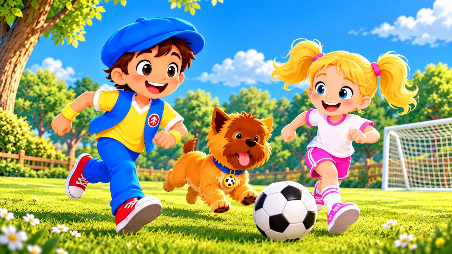 Good News Tommy and a friend playing soccer with a happy dog in a sunny park.