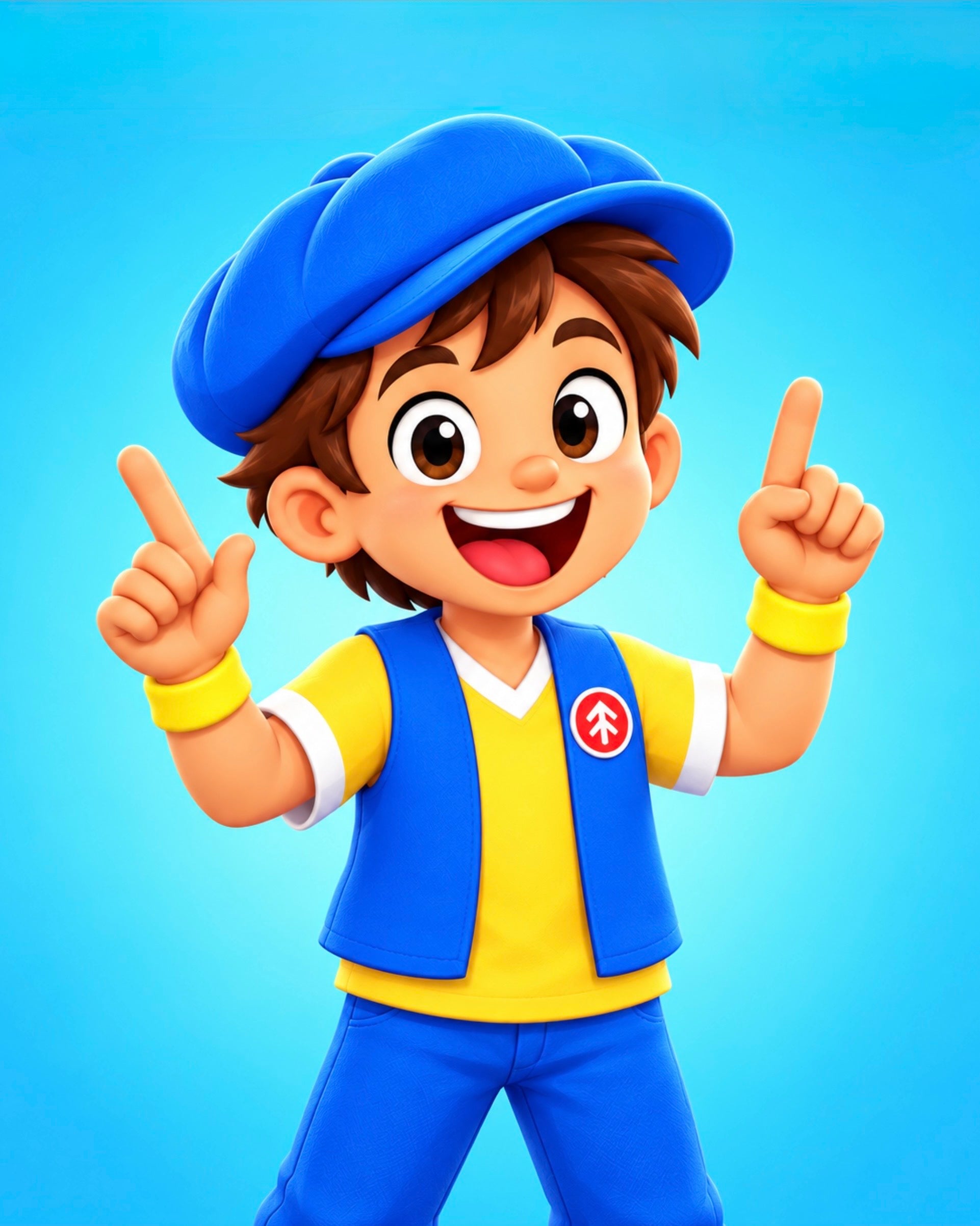 Good News Tommy smiling and pointing upward with both hands against a bright blue background.