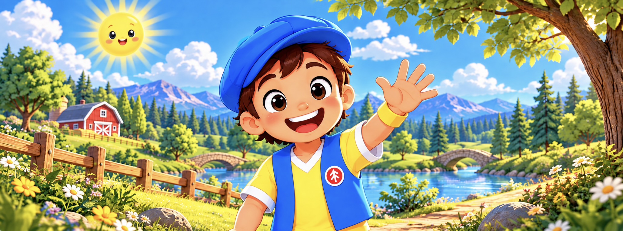 Good News Tommy waving beside a sunny lake, a farm, and a woodland path.