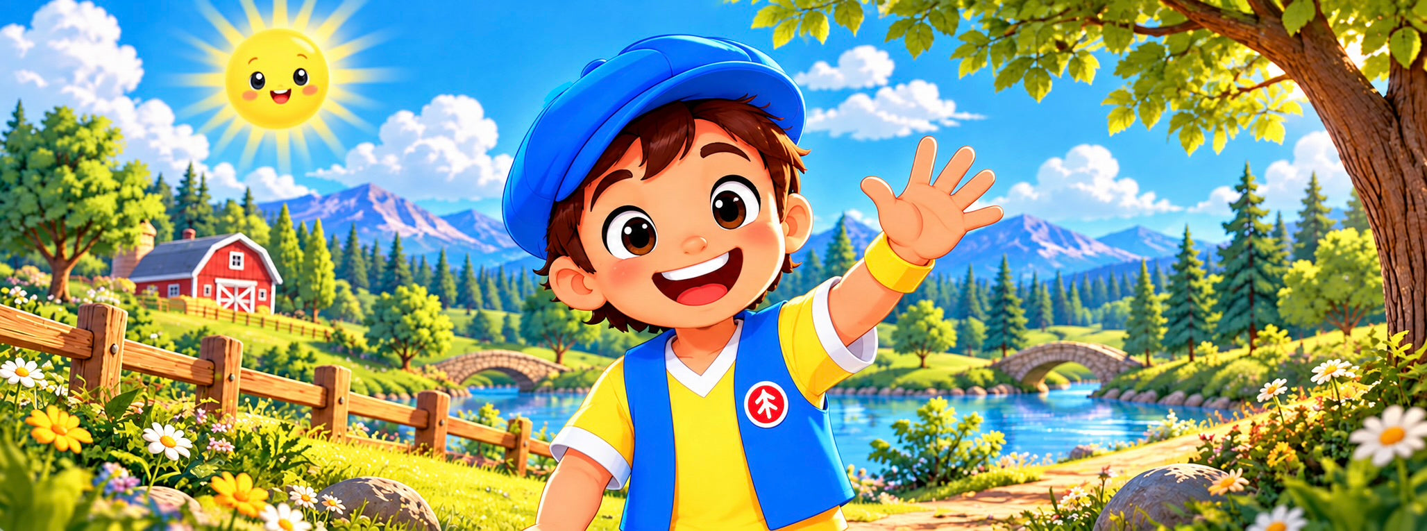 Good News Tommy waving beside a sunny lake, a farm, and a woodland path.